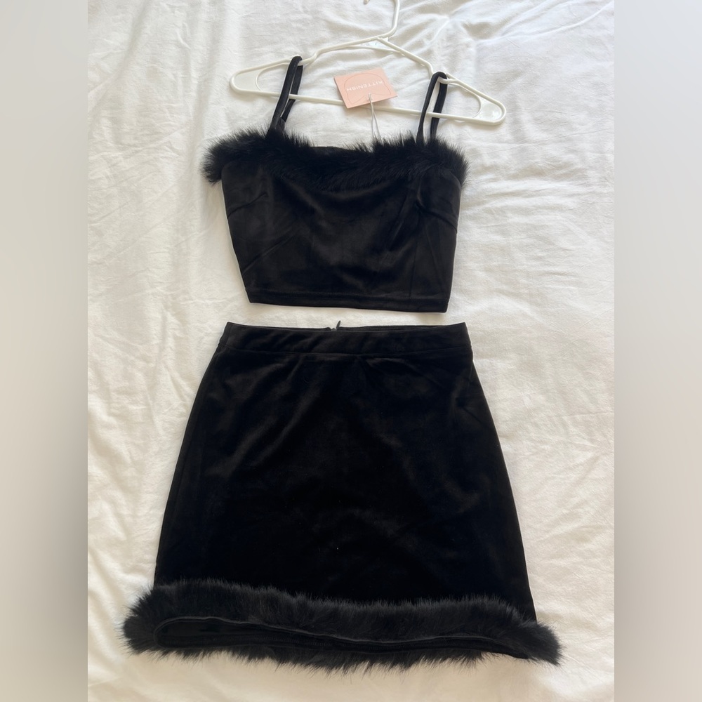 Kittenish black velvet crop top skirt set. Both size small
